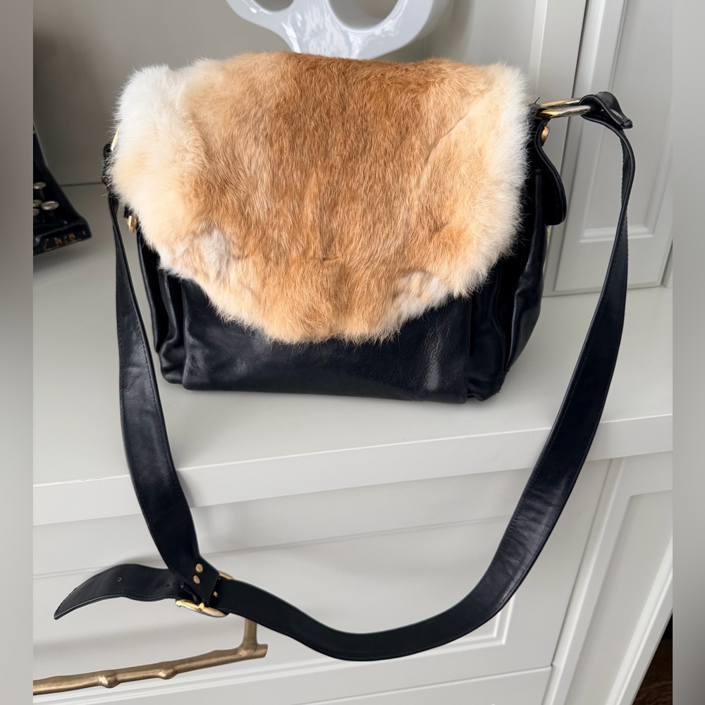 Vintage 90’S MARINO ORLANDI Black Leather Fur Messenger Style Medium Purse Bag